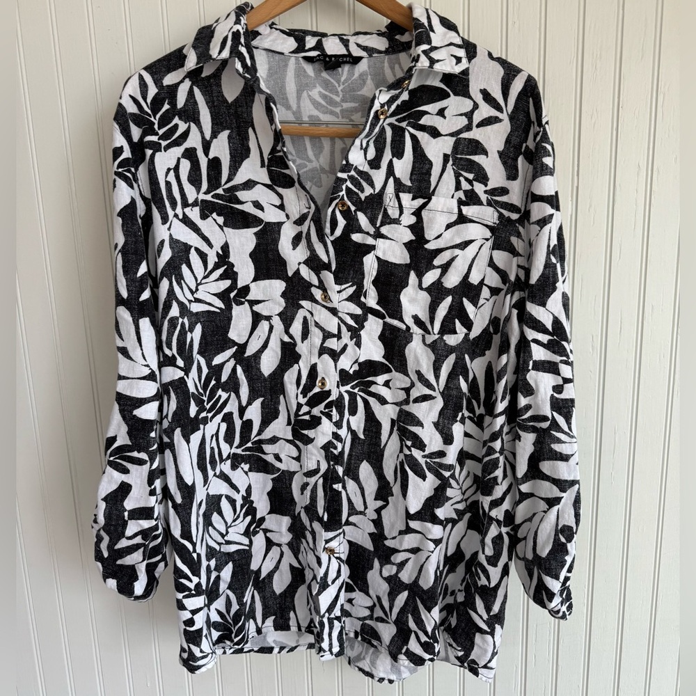 Zac & Rachel Black and White Leaf Print Top in Linen Blend Size L